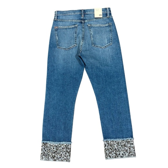 AO.LA High Rise Girlfriend Slim Jeans Fools Rush In Studded Rhinestone Cuff 28 - Picture 2 of 9